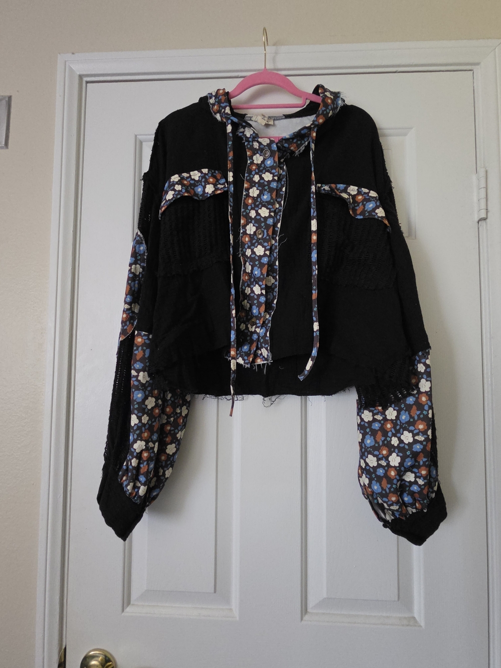 POL Mixed Fabric Floral Patchwork Hooded Top / Jacket Size Large New